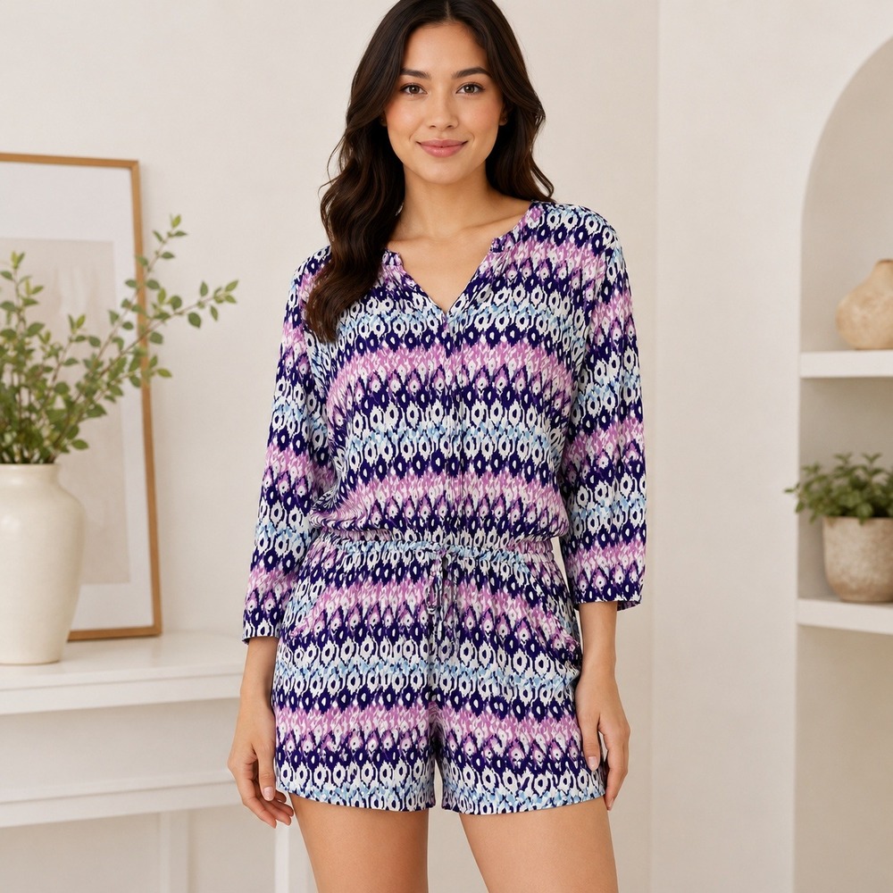 PJ Salvage Romper Medium Purple Ikat Print Elastic Waist V-Neck Loungewear Rumba